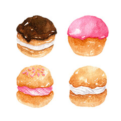 Set of profiteroles with custard isolated on white background. Vanilla, strawberry, chocolate desserts. Watercolor hand-drawn illustration. 
Perfect for your project, cards, prints, covers, menu.