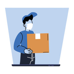 Delivery man with mask and box on smartphone vector design