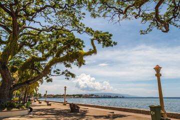 The promenade along Rizal Boulevard with trees and sea view, City of Dumaguete, Negros Oriental,...