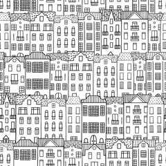 Seamless pattern with hand drawn doodle houses. City houses background.   