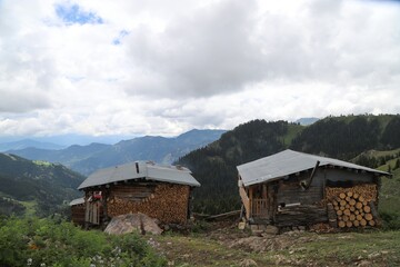 wooden highland houses in mountain village.artvin/turkey