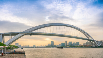 Naklejka premium Panorama view of Lupu Bridge, on of the biggest bridge on Huangpu river, shot in Shanghai, China.