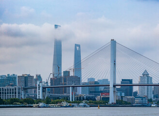 Nanpu-brug en moderne wolkenkrabbers aan de achterkant, in Shanghai, China, op een bewolkte dag.