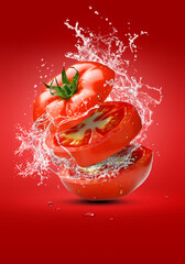 Pomodoro fluttuante tagliato con schizzi d'acqua. Creatività in cucina