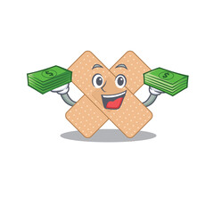 A wealthy cross bandage cartoon character having much money on hands