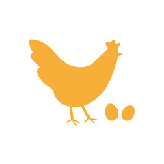 Gold hen silhouette with fresh farm eggs. Vector monochrome logo golden chicken standing on isolated white background. Simple stylized poultry hand drawn icon for nature organic food products design