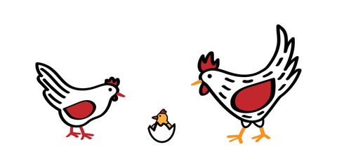 Cute vector hen and rooster watching to chicken hatching egg. Mother and father poultry standing near little newborn cockerel cracking his egg. Hand drawn funny illustration of baby bird