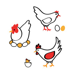 Set of isolated on white vector line icons - standing hen with eggs, rooster and chicken cracked from the egg, farm bird sitting on the nest. Cute hand drawn cartoon illustrations of poultry for logo 
