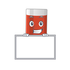 Funny cartoon design style glass of apple juice standing behind a board