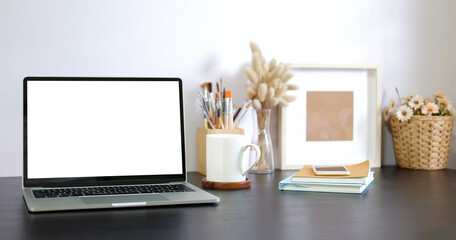 Workspace desk and laptop. copy space and blank screen. Business image, Blank screen laptop and supplies.