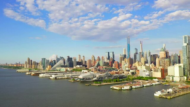 Aerial Pan Right View of New York City Skyline - Westside