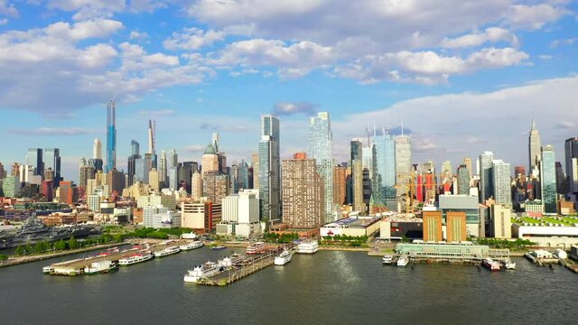 Aerial Pan Left View of New York City Skyline - Westside