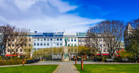 Austurvollur Square in Reykjavik, Iceland. - obrazy, fototapety, plakaty