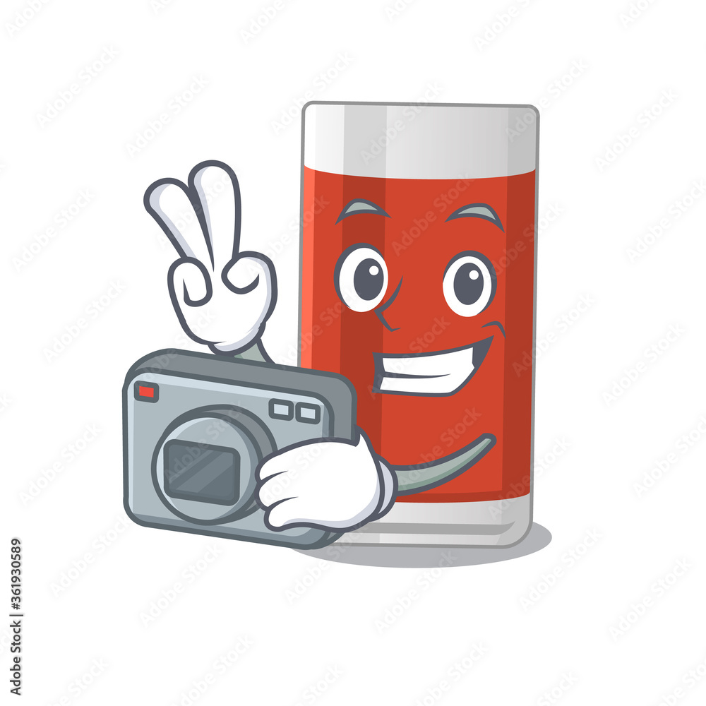 Sticker a proficient photographer glass of apple juice cartoon design concept working with camera