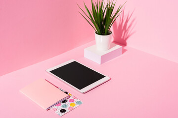 digital tablet with blank screen, notebooks, plant on pink background