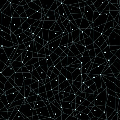 Abstract dynamic seamless pattern. Neural network of nodes and connections. Vector illustration on black background
