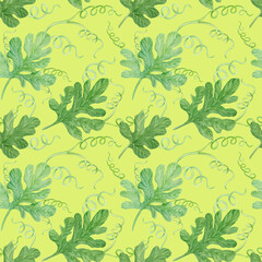 Watercolor watermelon leaves seamless pattern. 
Hand drawn botanical illustration, green and yellow background 