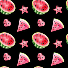 Watercolor watermelon seamless pattern, summer juicy fruits, fresh watermelon slices, hearts and stars, hand drawn summer illustration, black background 