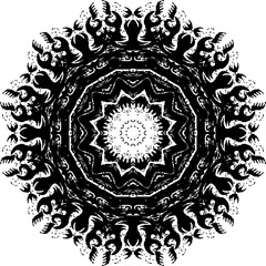 Halftone ornament, monochrome pattern. Drawing vintage style. Grunge texture. Festive vintage drawing. Abstract art background. Modern symmetric pattern. Festive art backdrop. Creative vector element