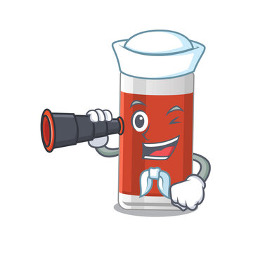 A cartoon image design of glass of apple juice Sailor with binocular