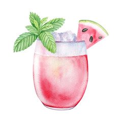 Watercolor watermelon cocktail isolated on white background. 
Hand drawn refreshment drink illustration, summer clipart.