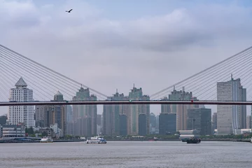 Fotobehang Nanpubrug Nanpu-brug en moderne wolkenkrabbers aan de achterkant, in Shanghai, China, op een bewolkte dag.