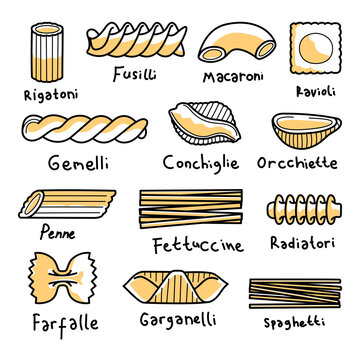 Pasta collection in line doodle illustration