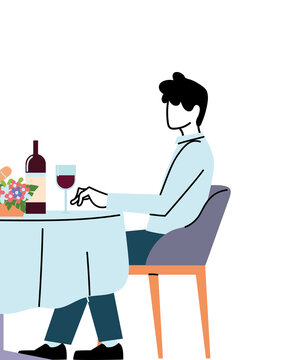 Man sitting at restaurant table with wine and flowers vector design