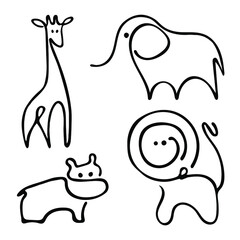 Linear image of wild animals. Black and white pictures. Vector
