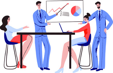 Business team working together at a large table using laptops. Vector illustration in a flat cartoon style. The concept of finding new ideas for solutions, teamwork in the company, brainstorming