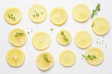Lemon slices on white background. Top View.  Bright summer pattern