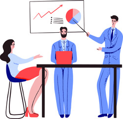 Business team working together at a large table using laptops. Vector illustration in a flat cartoon style. The concept of finding new ideas for solutions, teamwork in the company, brainstorming