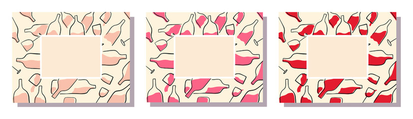 wine event invitation template card with hand drawn wine bottles and glasses for white, rose and red wine with a pastel pink elegant frame in the middle for text - flat vector illustration
