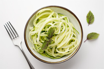 Bowl of zucchini pasta. Vegan raw dish. Close up view