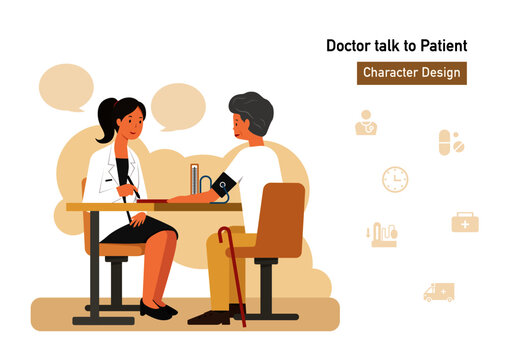 female doctor talk to old man cartoon character design