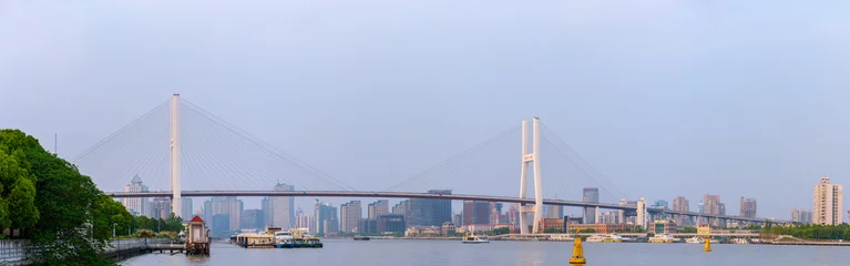 Photo sur Plexiglas Pont de Nanpu Panorama view of Nanpu Bridge across the Huangpu River, in Shanghai, China, on a cloudy day.