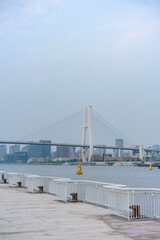 The expo park along the Huangpu River,  with Nanpu bridge in the back, shot in Shanghai, China.