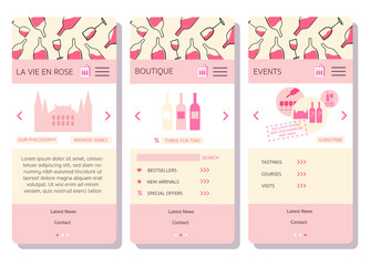 UI UX template for mobile device -wine shop or wine merchant selling rose wine in soft pink, beige and white colors, with multiple logos, icons and hand drawn brand identity - flat vector illustration