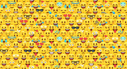 Seamless emoji pattern with cartoon emoticon facial expressions, happy and sad yellow faces. Emojis crowd vector background illustration