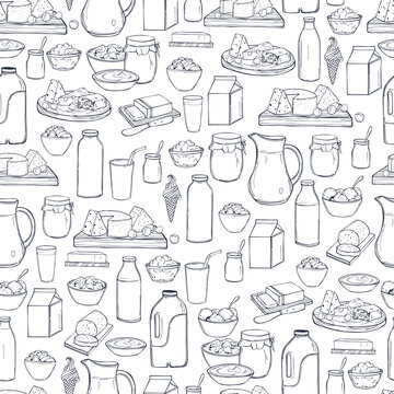  Milk food. Butter, cheese, sour cream, yogurt and cream on a white background. Vector seamless pattern.