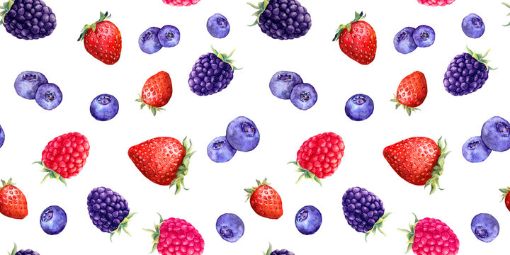 Summer berries - raspberry, strawberry, blackberry, blueberry. Seamless food pattern. Watercolor