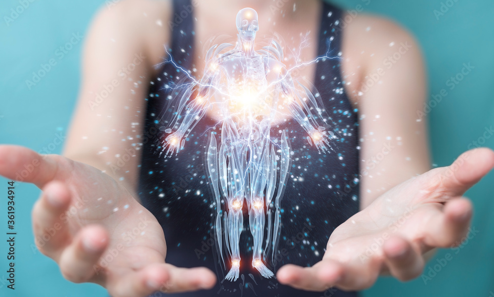 Aufkleber woman using digital x-ray human body holographic scan projection 3d rendering