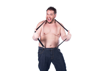Fototapeta premium Striptease. Funny fat man. White background.