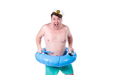 Happy summer. Funny fat man and vacation.