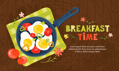 Fried eggs in a frying pan with vegetables, tomatoes, peppers. Healthy brunch with fresh homemade meal on a wooden table. Traditional food. Horizontal banner template with lettering Breakfast time.