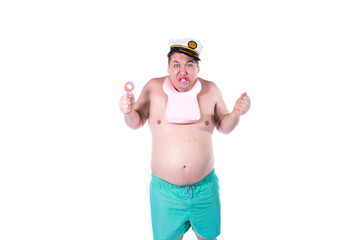 Baby pacifier and funny fat man.