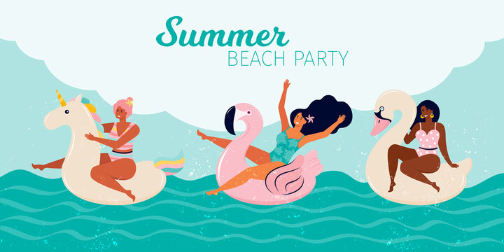 Happy women at a summer beach party. People swim in the pool or in the sea on the inflatable floats, flamingos, Swan, unicorn. Pool Party summer horizontal banner. Hand drawn flat vector illustration.