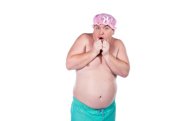 Funny fat man in the shower. 