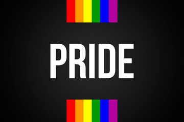 Rainbow colored flag up and down. Pride word in white with black background. LGBT concept Gay Pride. Sticker, print, logo typography design.