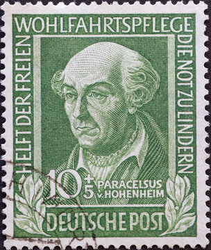 GERMANY - CIRCA 1949: a postage stamp printed in Germany showing an image of Paracelsus von Hohenheim, circa 1949.